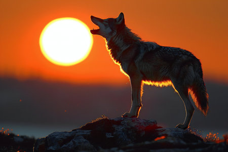 Coyote (Canis lupus) at sunset.の素材