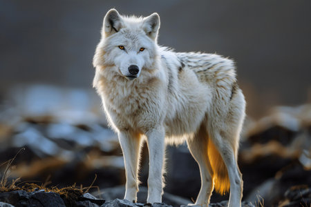 White wolf (Canis lupus) standing on the rocksの素材