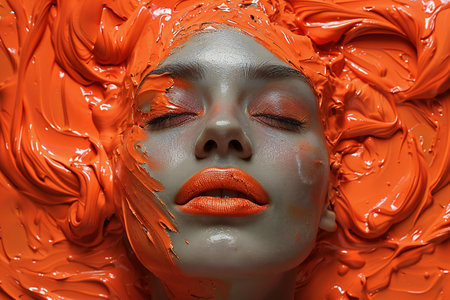 Portrait of a beautiful girl with red and orange paint on her faceの素材