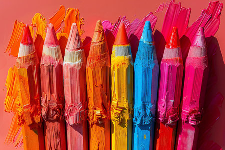 Colorful crayons on pink background. Back to school.の素材