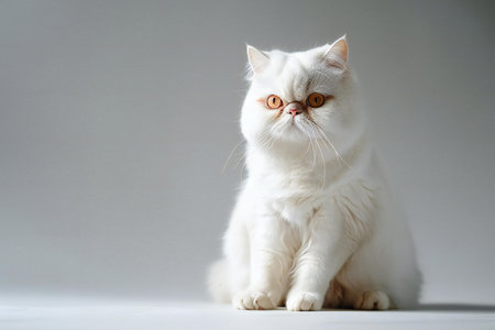 Beautiful white cat with orange eyes sitting on white background. Studio shot.の素材