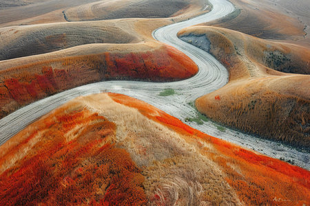 Colorful autumn landscape with a winding road in the mountains of Kazakhstanの素材