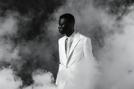 Black man in a white suit on a black background with smoke.の素材