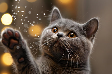 Cute cat with snowflakes on blurred background, closeupの素材