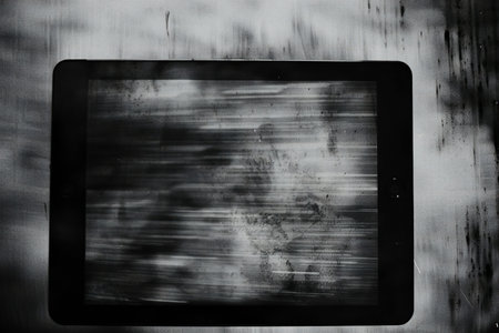 abstract image of a digital tablet with a black screen on a gray backgroundの素材