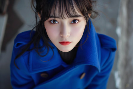 Portrait of a beautiful asian woman in blue coat outdoor.の素材