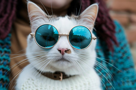 Portrait of a white cat with blue sunglasses on the street.の素材