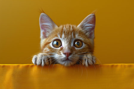 Cute ginger kitten lying on yellow background and looking at camera.の素材