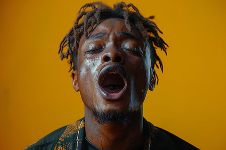 young african american man with afro hairstyle and dirty face screaming on yellow backgroundの素材