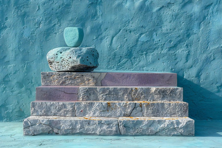 Stone steps on the blue wall background. Blue wall with stone stairs.の素材