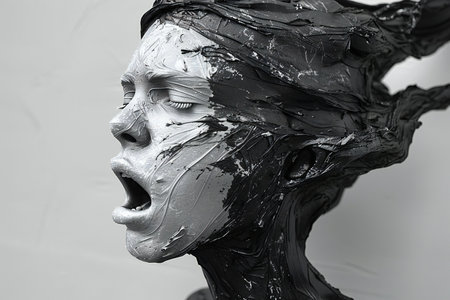 Artistic black and white portrait of a woman with paint on her faceの素材