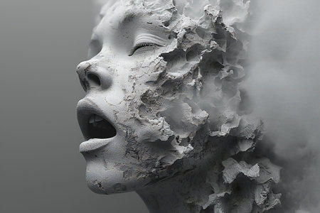 3d rendering of a woman's face in white clay on a gray backgroundの素材