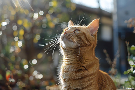 Cute ginger cat sitting on the grass and looking at the sunの素材