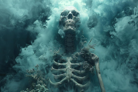 3d rendering of a skeleton in a cloud of toxic smoke.の素材