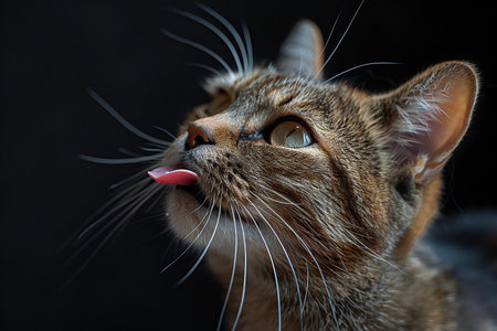 Portrait of beautiful tabby cat on black background, closeupの素材