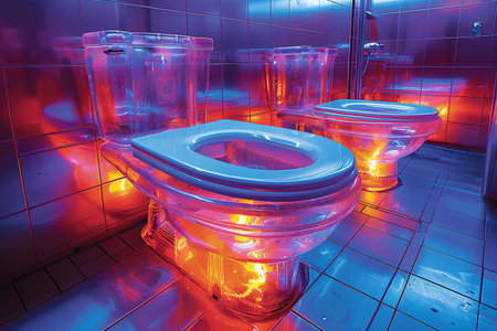 3D rendering of a bathroom interior with toilet bowl in neon lightの素材