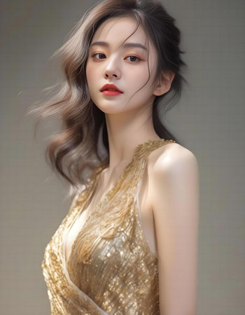 beautiful asian woman with long hair and golden dress on gray backgroundの素材