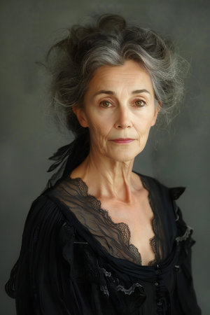 Portrait of a beautiful mature woman in a black dress on a gray backgroundの素材