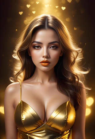 Portrait of a beautiful young woman in a golden dress with heartsの素材