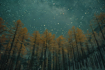 Winter forest with snowflakes and starry sky, vintage styleの素材