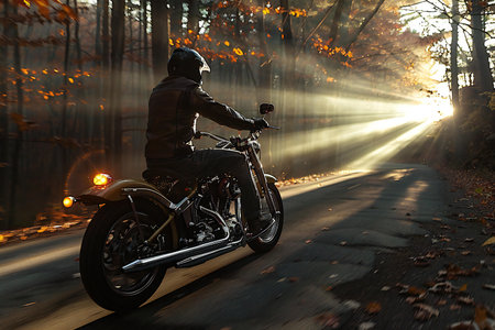 Motorcyclist on the road in the autumn forest at sunset.の素材