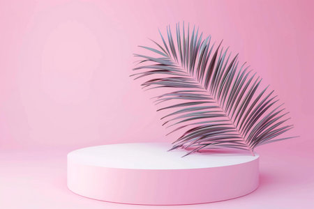 Abstract scene podium mockup with palm leaf on pink background. 3d renderの素材