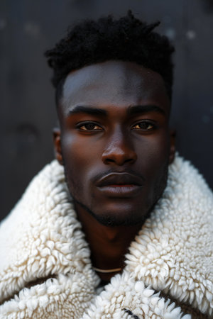 Portrait of a handsome african american man in a fur coatの素材