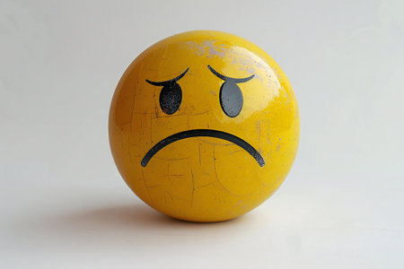 Funny ball with sad face on white background, close-upの素材
