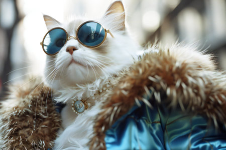 Fashionable white cat wearing blue sunglasses and fur coat in the cityの素材