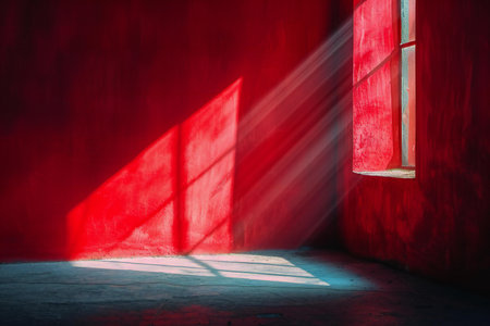 Red wall and window with rays of light, grunge background.の素材