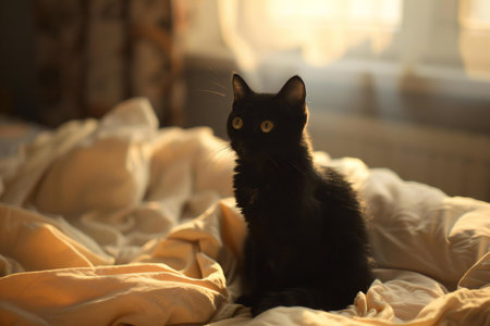 Black cat sitting on the bed in the light of the morning sunの素材