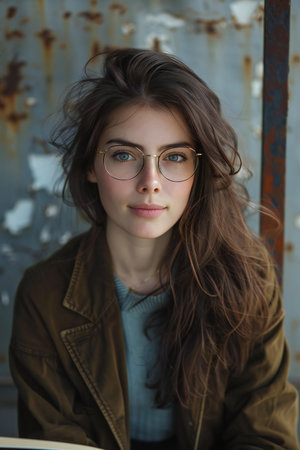 Portrait of a beautiful young woman with long brown hair and glasses.の素材
