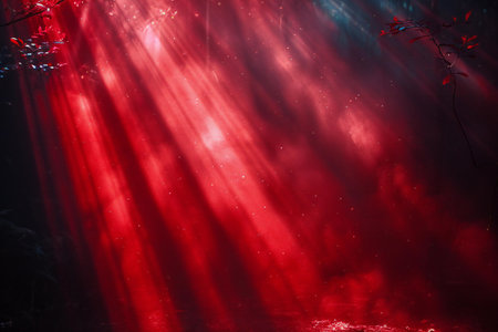 Red rays of light in a foggy forest. Abstract background.の素材