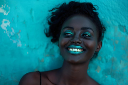 Close up portrait of beautiful young african american woman smiling at cameraの素材
