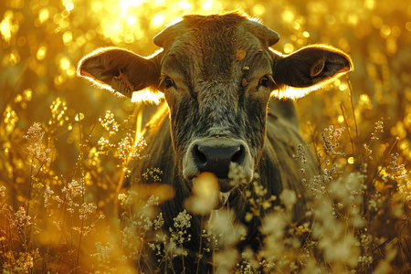 Cow in the meadow at sunset, close-up portrait.の素材