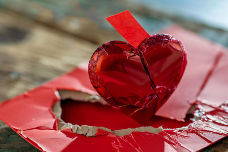 Broken heart on a wooden background. Valentines day concept.の素材