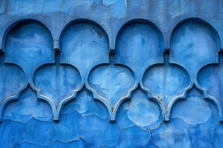 Blue wall with arabic ornaments, closeup of photoの素材