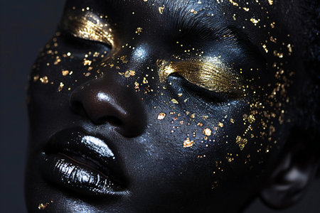 Close-up portrait of a beautiful black woman with gold make-up.の素材