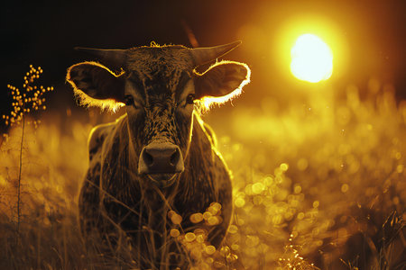 Cow in the meadow at sunset. Close-up shot.の素材