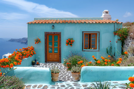 Colorful house in Oia village on Santorini island, Greeceの素材