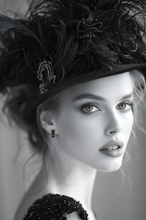 Black and white portrait of beautiful young woman in a hat with feathersの素材