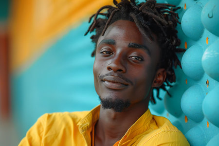 Portrait of handsome african man with dreadlocks in yellow jacketの素材