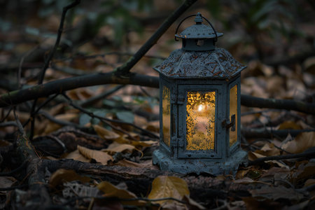 Lantern in the forest with autumn leaves on the ground.の素材