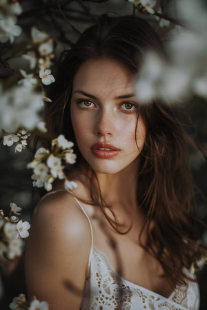 Portrait of a beautiful young woman in a blooming garden.の素材