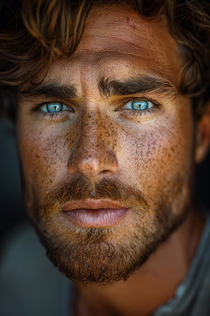 Close-up portrait of a man with a beard and mustache.の素材