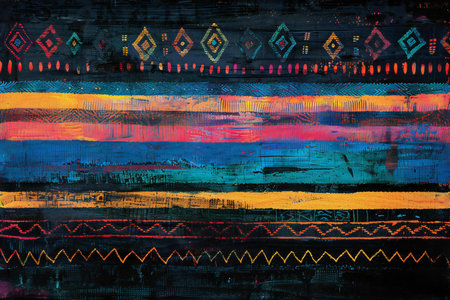 Colorful tribal pattern on grunge background. Ethnic embroidery.の素材