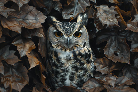 Beautiful owl sitting in autumn leaves on a dark background. Owl in autumn leaves.の素材