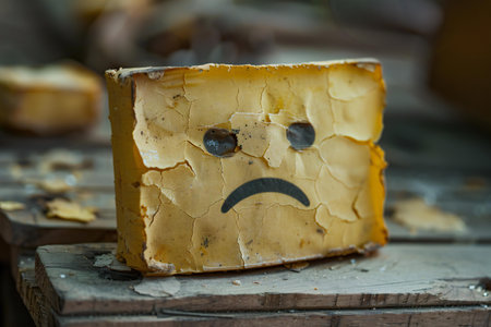 Emotional face on a piece of cheese on a wooden table.の素材