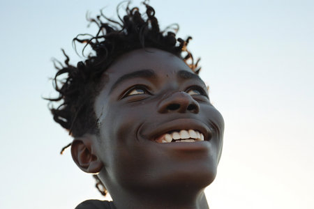 Portrait of a smiling African-American boy in the sunset.の素材
