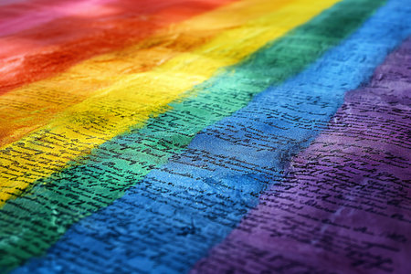 Rainbow flag on the textured surface of the old book.の素材
